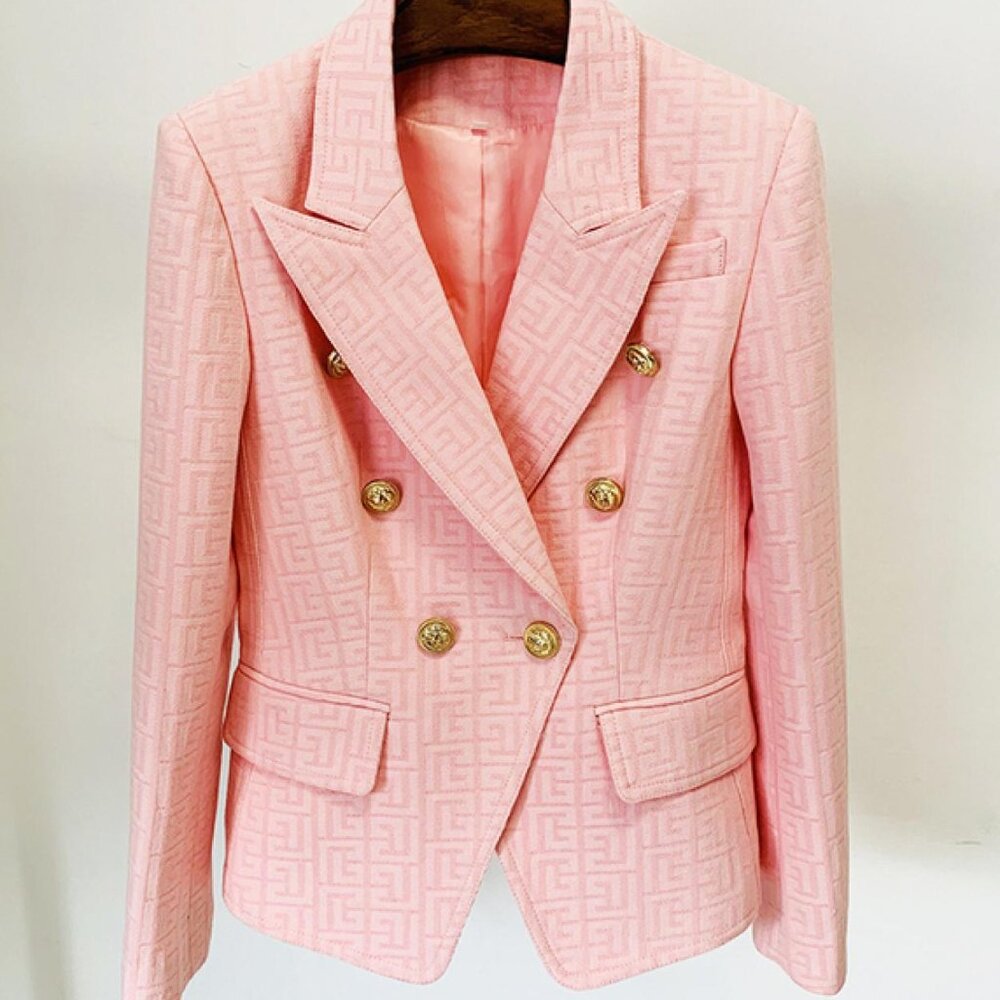 NEW! Pink Jacquard Gold Button Geo Detail Blazer Jacket - Picture 8 of 8